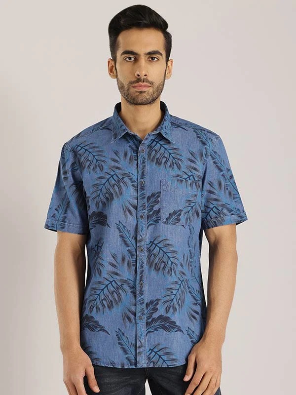 Indian Terrain Men Tropical Print Blue Shirt